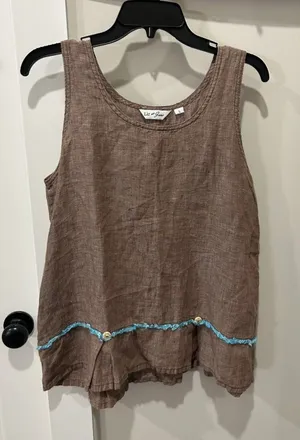 Liz & Jane Linen Tank Top Women’s Size Large Brown Turquoise Fringe Lagenlook thumbnail 1