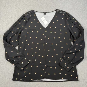 Ann Taylor Women's Medium Black Beige Polka Dot V-Neck Blouse Top Lace Trim New thumbnail 1