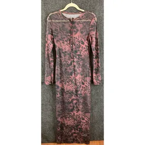 Missguided Mesh Maxi Dress Size S Pink Animal Print Henley Button Long Sleeve thumbnail 2
