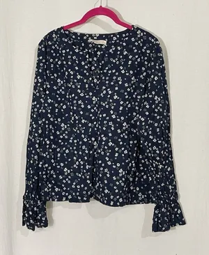 Women's Loft Blue Floral Blouse Size M Semi Sheer Long Sleeves 100% Cotton thumbnail 1