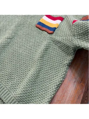 POL Sage Green Chunky Knit V-Neck Sweater Rainbow Stripe Sleeves Pocket M thumbnail 6