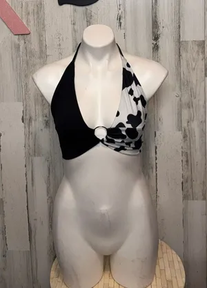 SHEIN Cow Print Split Halter Crop Top Womens XS Black White O-Ring Swim Top thumbnail 1