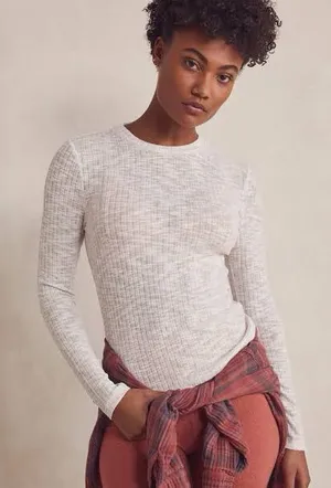 Free People We The Free White Marled Ribbed Long Sleeve Top Small thumbnail 1