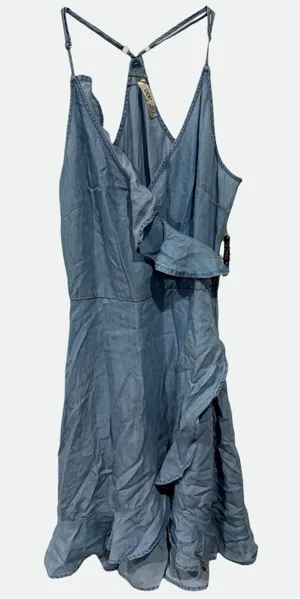 Dex Tencel Light Blue Chambray Ruffle Wrap Mini Dress Size M thumbnail 1