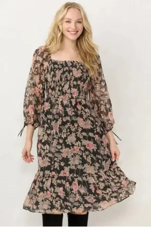 LC Lauren Conrad Black Pink Floral Cottage Romantic Smocked Bodice Midi Dress thumbnail 1