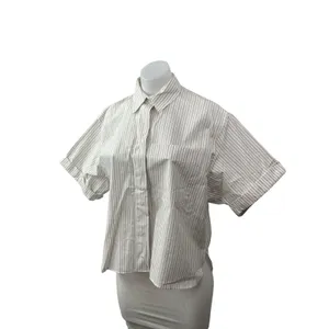 Zara Women's White Beige Striped Short Sleeve Pocket Button Down Shirt Top Sz XS thumbnail 2