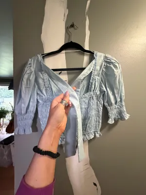 Lime Lush Smocked Blue cropped Blouse with puff sleeves thumbnail 2