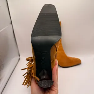 Predictions Leather Collection Tan Suede Fringe Square Pointed Toe Boots Size 7 thumbnail 5
