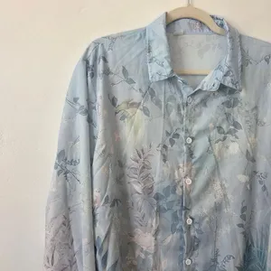 Blue Floral Blouse Top Linen Feel Pastel Lightweight Cottagecore Grandmacore L thumbnail 11