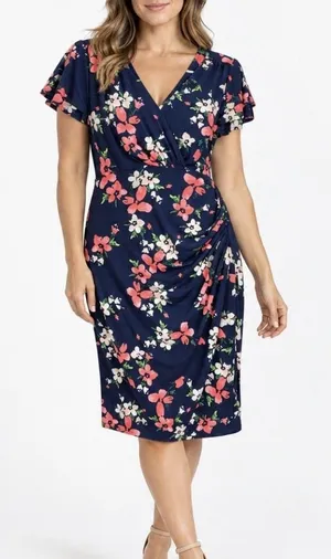 Ralph Lauren Blue Coral Floral Flutter Sleeve Stretch Sheath Dress Size 14 thumbnail 1