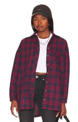 Superdown x Revolve - NWT Audriana Oversized Flannel Top Red Navy Plaid Sz S thumbnail 1