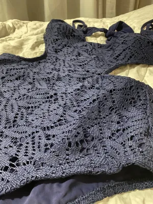 Aerie Crochet Scoop One-Piece Cut Out Cheeky Swimsuit Navy Blue Size Large thumbnail 6