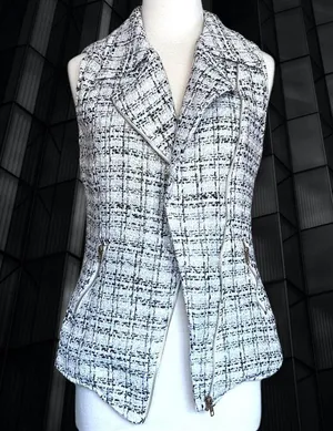 Tinley Road Retro Glam Business Professional Zip Black White Plaid Tweed Vest thumbnail 3