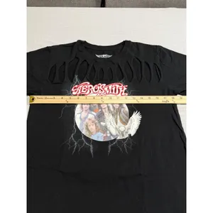 Aerosmith Graphic T-Shirt Black Cotton Cut Out Distressed Rock Band Tee Large thumbnail 4