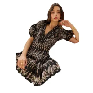 HEMANT & NANDITA Boho Paisley Ikat Embroidered Deep V-Neck Mini Dress Black SZ M thumbnail 2