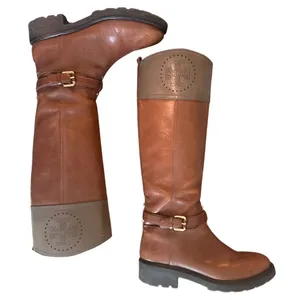 Tory Burch Daniela Cognac Leather Riding Boots Lug Sole Logo 10.5 thumbnail 4
