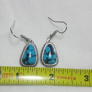 Beautiful Vintage Tibet Silver Turquoise Hook Drops Earrings thumbnail 2