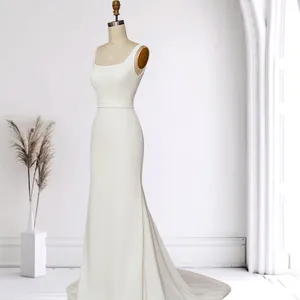 NWT Zapaka White Mermaid Square Neck Satin Long Wedding Dress with Sweep Train L thumbnail 4