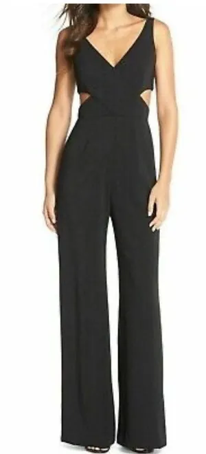 Jay Godrey Women's Formal Black V-Neck Jumpsuit Cutout Side Detail‎ Size 0 thumbnail 1