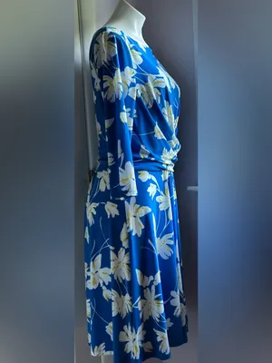 TOMMY HILFIGER Blue & White Floral Draped Midi 3/4th Sleeves Dress Sz 12 thumbnail 2