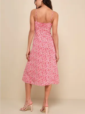 NWT Lulus Intricate Sweetness Red Floral Tie Front Sleeveless Midi Dress Size L thumbnail 2