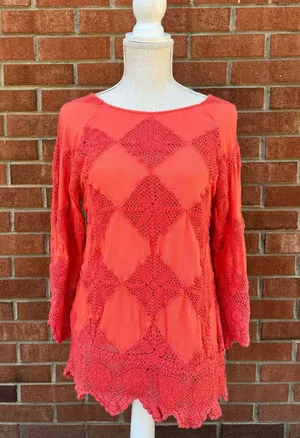 FreePeople 3/4 sleeve crochet top with intricate detailing thumbnail 1