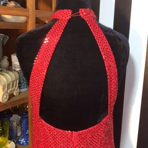 Sexy Retro Vintage 90s Red Sequin Floor Length Formal Gown Halter Neck Leg Slit thumbnail 6