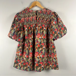 TCEC GREEN FLORAL SMOCK TOP puff sleeve cotton size medium thumbnail 7