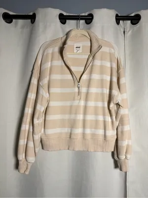 aerie Beige and White Striped Quarter-Zip Sweater thumbnail 4
