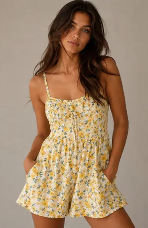 AUW Yellow Floral‎ Smocked Mini Romper Shorts Pockets Cottagecore Coquette Boho thumbnail 1