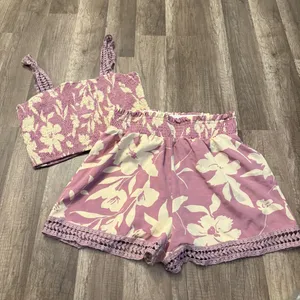 SHEIN Purple Floral Smocked Crop Top & Shorts Set thumbnail 1