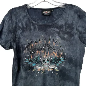 Harley Davidson Black Blue Tie Dye Skull Print T Shirt Sz M thumbnail 2