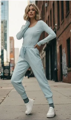 Free People Movement Make It Count jumpsuit romper fleece pants blue Sz M thumbnail 1