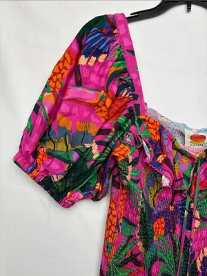 Farm Rio size large painted toucans Vibrant Tropical Puff-Sleeve Mini Dress thumbnail 5