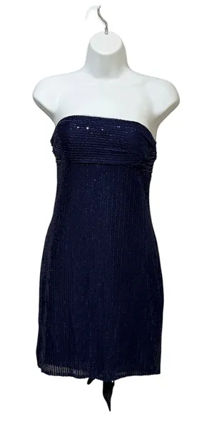 Navy Blue Sequin Strapless Mini Dress with Back Bow Detail Size 6 Cocktail Party thumbnail 1