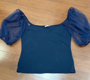 Free People Midnight Blue Knit Top with Sheer Sleeves thumbnail 1