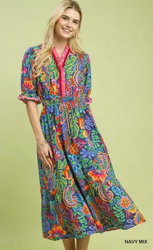 Umgee Mix‎ Floral Midi Dress with Ruffle Trim - Navy Mix - Small thumbnail 1
