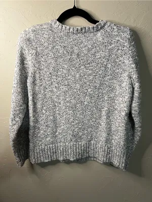 L.L. Bean Ragg Marled Fisherman Sweater Gray White Thick Knit Cabincore Petite thumbnail 6