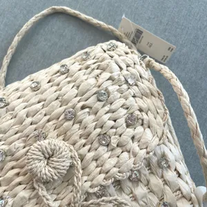 Anthropologie Embellished Straw Crossbody‎ Bag NWT Tan Cream Woven thumbnail 9