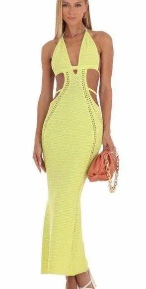 Crochet Cut-Out Dress in Neon Yellow Lucy in the Sky Small thumbnail 1