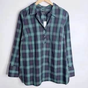 NWT Talbots Perfect Popover Blouse 10 Preppy Workwear Casual Green‎ Tartan Plaid thumbnail 2
