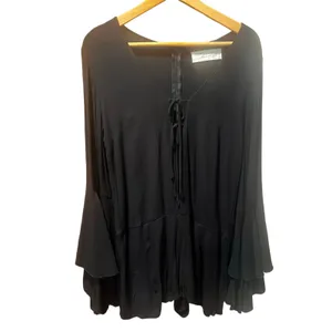Vintage Havana Black Romper Tiered Bell Sleeve Lace Up Front Boho Flowy M thumbnail 3