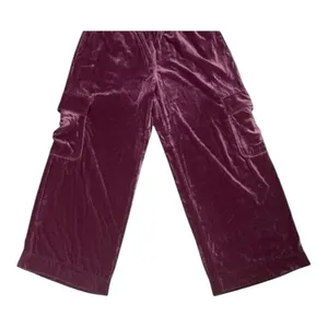 Women Purple Velvet Pants Size L Wide Leg Elastic Waist Lounge Pull-on thumbnail 5