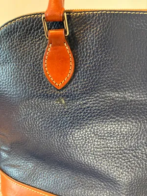 Dooney & Bourke Pebbled Leather Dome Satchel Bag Navy Blue Brown Trim thumbnail 4