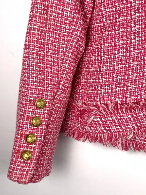 Saks Fifth Avenue Tweed Jacket XS Pink Frayed Trim Open Front Blazer thumbnail 12