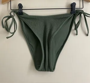 Aerie Cheekiest Tie Side Bikini Bottom size L Sage Olive Green Textured Swim thumbnail 1