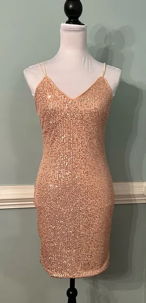 Allegra K Rose Gold Sequin Mini Slip Dress thumbnail 1
