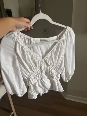 Abercrombie & Fitch Linen Top Women’s White Cropped Puff Sleeve Smocked Blouse Linen blend thumbnail 5