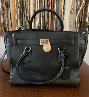 Michael Kors Black Leather Satchel with Gold Accent Lock thumbnail 1