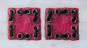 Vintage Clip On Earrings Large Statement Pink Square with Dark Brown Cord thumbnail 1